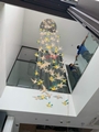 Đèn chùm pha lê thả thông minh PL072 chim Acrylic tán quang, Inox gương trắng hình tròn, 65 trắng + 35 vàng xanh, KT(mm): D1000 x H5000